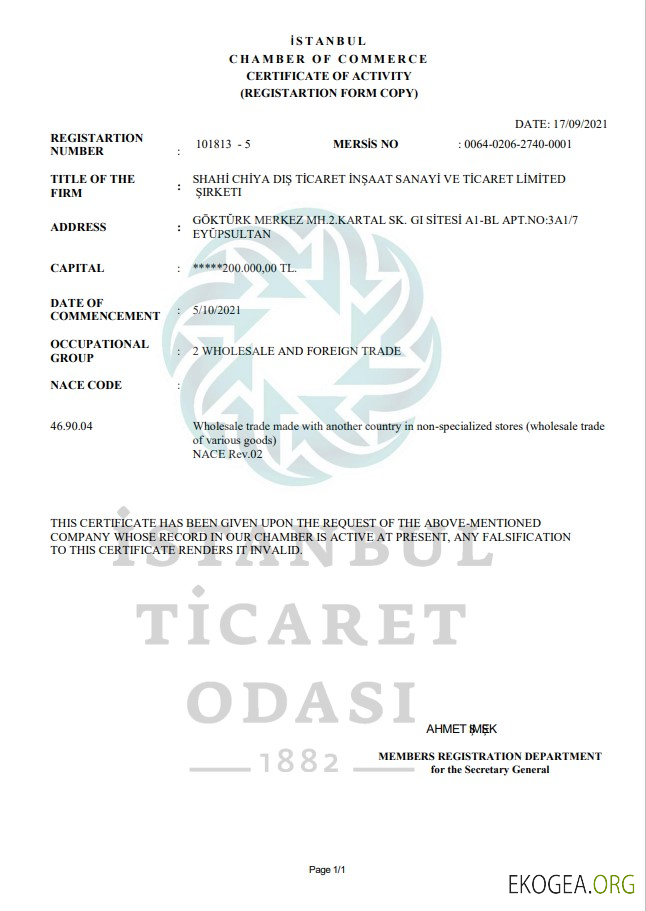 Modèle de certificat d'activité Turquie Istanbul au format Word et PDF
